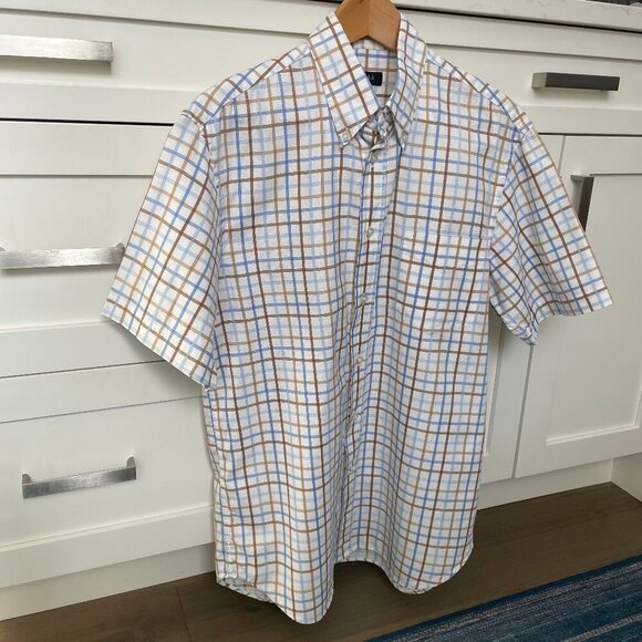 CANALI SS Designer Luxury 100% Cotton Check Shirt Made in Italy Wht Blue Tan M - Picture 2 of 13
